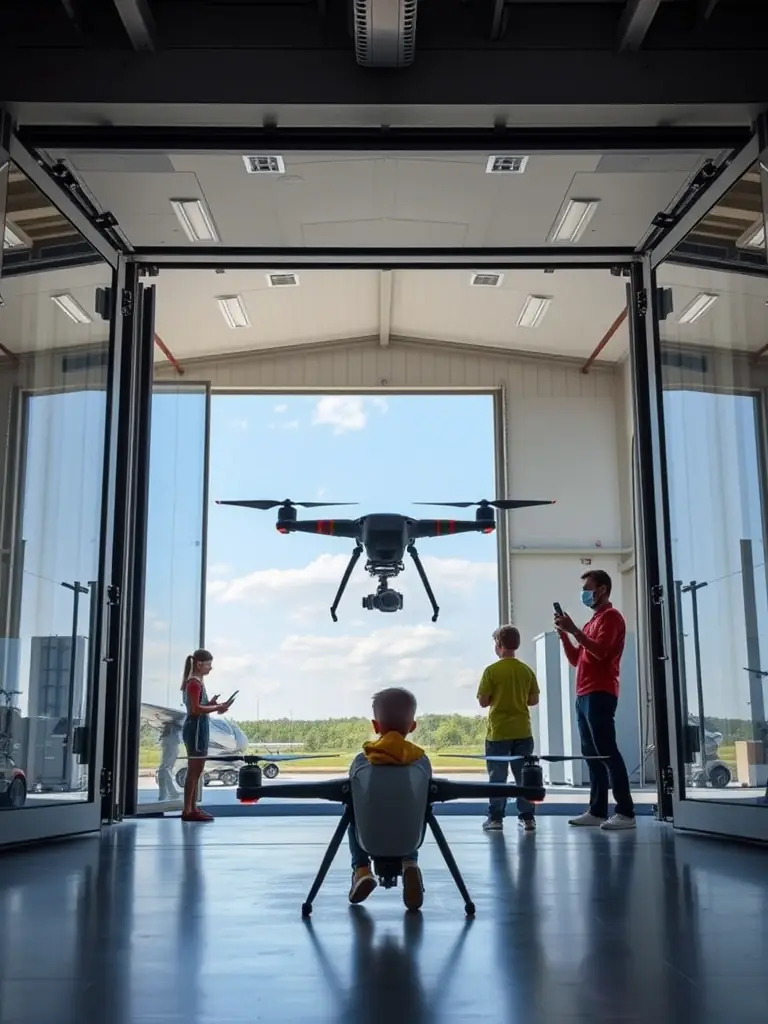 A futuristic rendering of the Drone Innovations Hangar, showcasing the advanced technology and educational opportunities it will provide for children interested in drone technology.