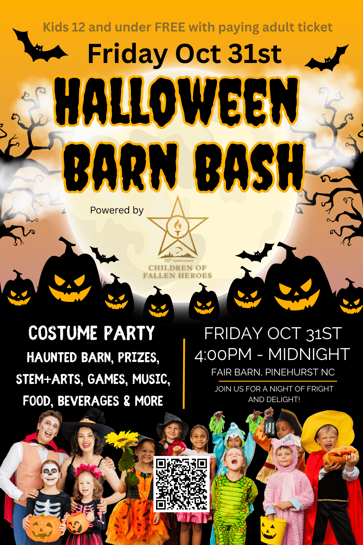 Event page website Children of Fallen Heroes Barn Bash Benefiting 5 local nonprofits in Moore County, NCYellow And Black Illustrative Halloween Spooktacular Bash Poster (4 x 6 in) (1)