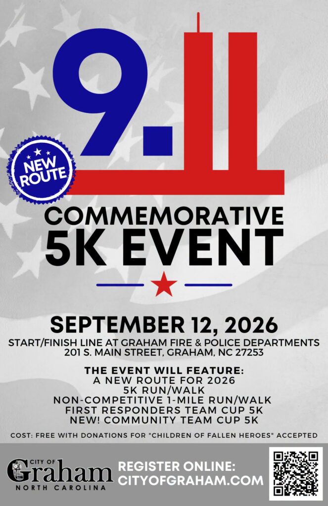 2026 9/11 Commemorative 5K event flyer - September 12, 2026, Graham, North Carolina