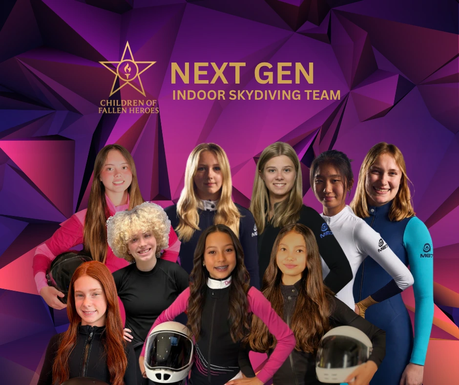 Team graphic reading Next Gen Indoor Skydiving Team with the Children of Fallen Heroes logo, showing the NextGen girls together in their flight suits.