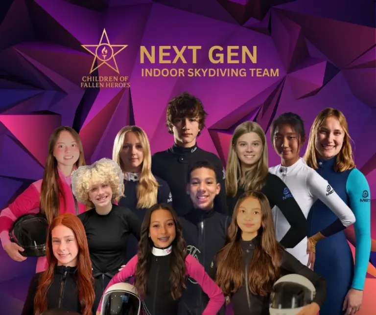 Team graphic reading Next Gen Indoor Skydiving Team with the Children of Fallen Heroes logo, showing the full NextGen team together in their flight suits.