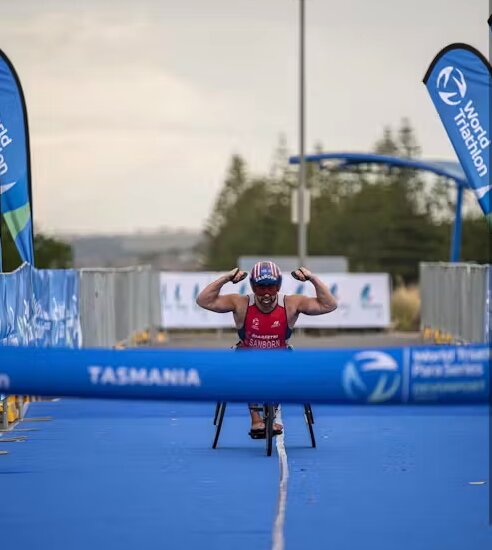 Howie Sanborn crossing the finish line
