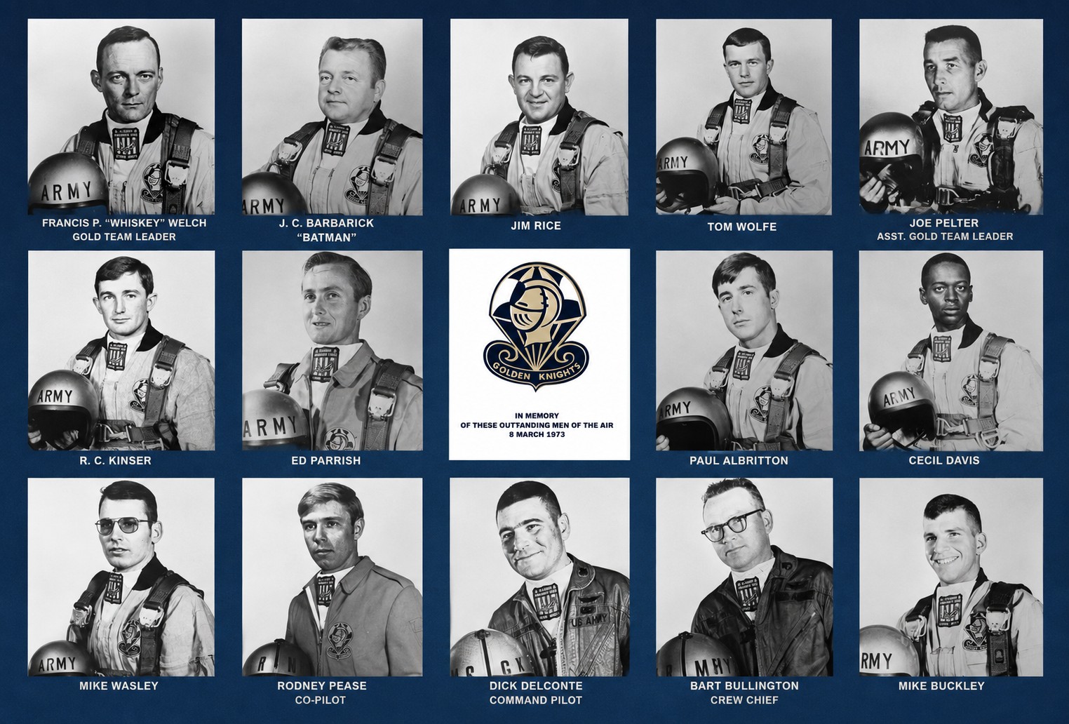 Memorial card bearing portraits of the fourteen U.S. Army Golden Knights lost on 8 March 1973, arranged around the Golden Knights insignia.