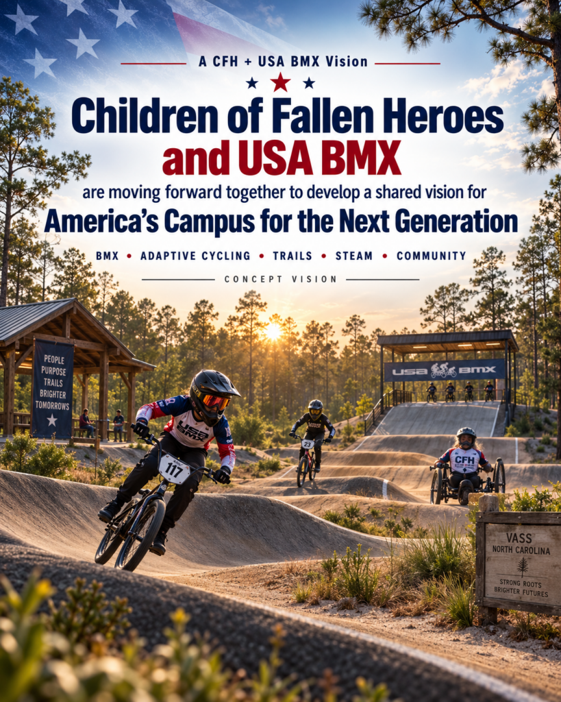 Concept vision graphic: Children of Fallen Heroes and USA BMX are moving forward together to develop a shared vision for America's Campus for the Next Generation &mdash; BMX, adaptive cycling, trails, STEAM and community.