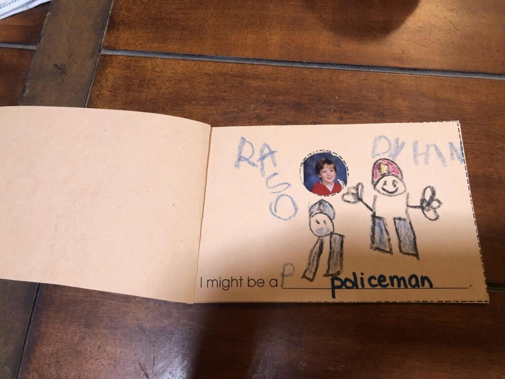 A booklet page Dylan made in kindergarten: a drawing with the words I might be a policeman.