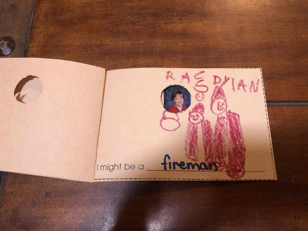 A booklet page Dylan made in kindergarten: a drawing with the words I might be a fireman.