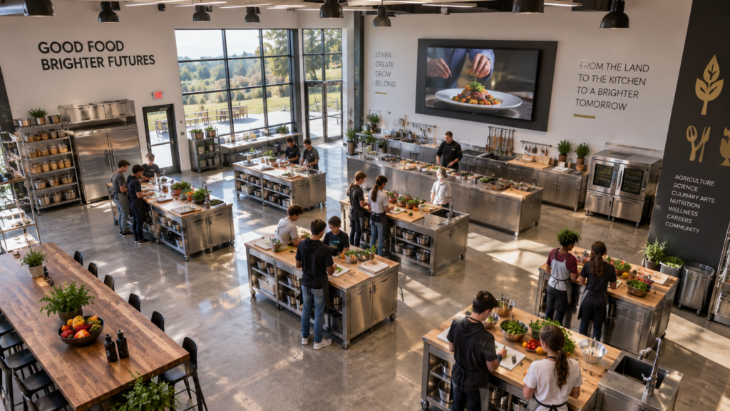 Concept rendering of the Dylan's Dream teaching kitchen at America's Campus for the Next Generation, with young people cooking at stations.