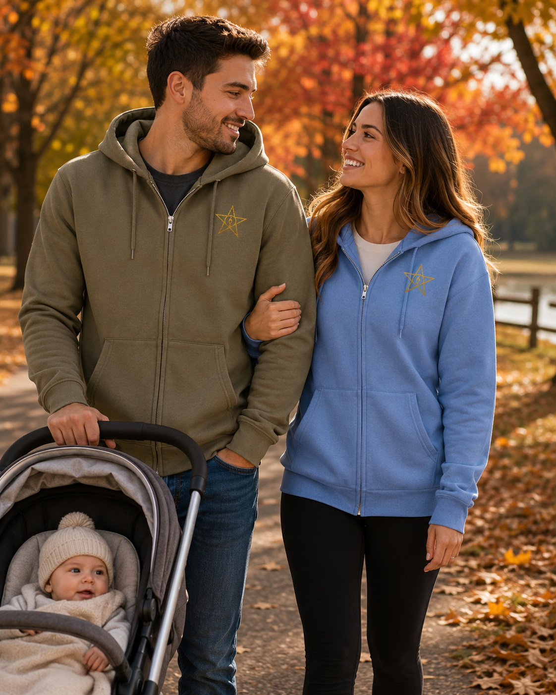 Two adults wearing CFH full-zip hoodies on an autumn family walk